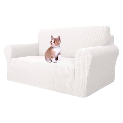 MAXIJIN Super Stretch Couch Bezug für 2-Sitzer Couch, 1-teilige Universal Love Sitzbezüge Jacquard Spandex Sofa Protector Hunde Haustierfreundliche Loveseat Schonbezug (2 Sitzer, Weiß) von MAXIJIN