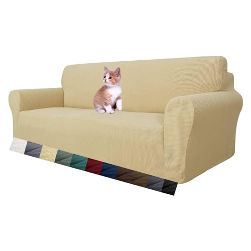 MAXIJIN Super Stretch Couch Bezug für 3-Sitzer Couch, 1-teilige Universal-Sofabezüge Wohnzimmer Jacquard Spandex Möbelschutz Hunde Haustierfreundliche Couch Schonbezug (3 Sitzer, Beige) von MAXIJIN