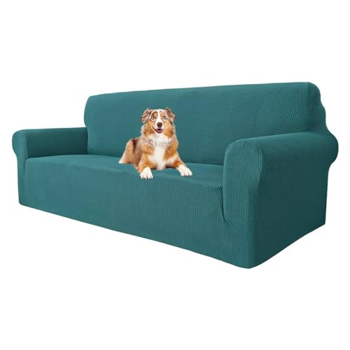 MAXIJIN Super Stretch Couch Bezug für 3-Sitzer Couch, 1-teilige Universal-Sofabezüge Wohnzimmer Jacquard Spandex Möbelschutz Hunde Haustierfreundliche Couch Schonbezug (3 Sitzer, Schwarzgrün) von MAXIJIN