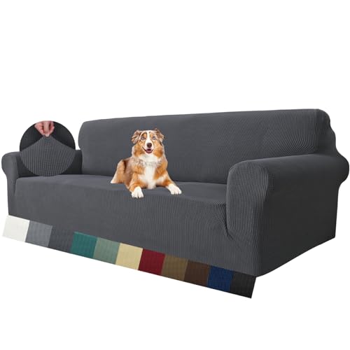 MAXIJIN Super Stretch Couch Bezug für 4-Sitzer Couch, extra große universelle Sofabezüge Jacquard Spandex Pet Dog Möbel Protector Fitted Couch Schonbezug (4 Sitzer, Grau) von MAXIJIN