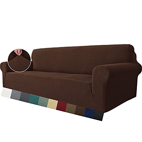 MAXIJIN Super Stretch Couch Bezug für 4-Sitzer Couch, extra große universelle Sofabezüge Jacquard Spandex Pet Dog Möbel Protector Fitted Couch Schonbezug (4 Sitzer, Kaffee) von MAXIJIN