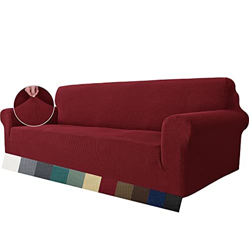 MAXIJIN Super Stretch Couch Bezug für 4-Sitzer Couch, extra große universelle Sofabezüge Jacquard Spandex Pet Dog Möbel Protector Fitted Couch Schonbezug (4 Sitzer, Weinrot) von MAXIJIN