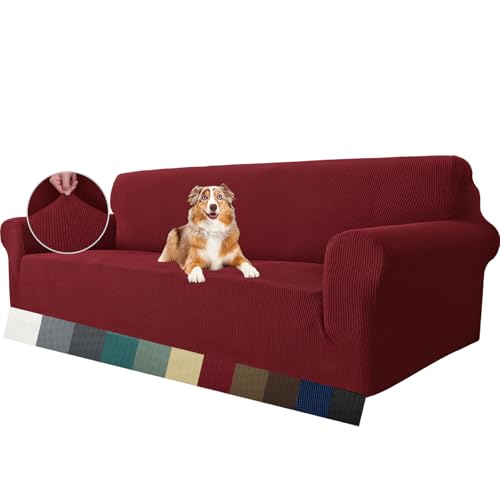 MAXIJIN Super Stretch Couch Bezug für 4-Sitzer Couch, extra große universelle Sofabezüge Jacquard Spandex Pet Dog Möbel Protector Fitted Couch Schonbezug (4 Sitzer, Weinrot) von MAXIJIN