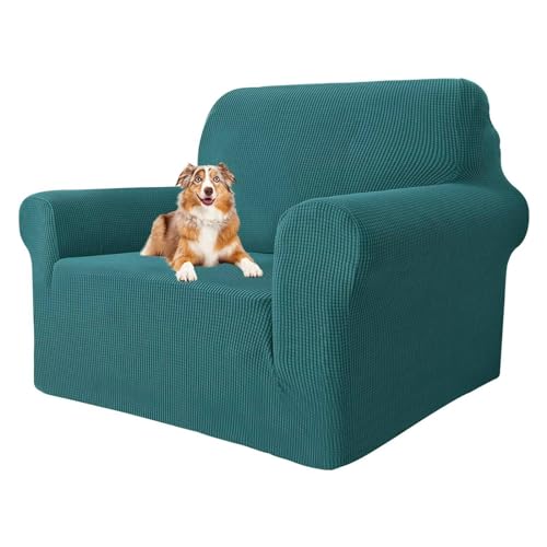 MAXIJIN Super Stretch Stuhlbezüge für Wohnzimmer, 1-teiliger Universal Stuhlbezug mit Armlehnen Jacquard Spandex Stuhlschutz Hunde Haustierfreundliche Sofa Couch Sesselbezug (1 Sitzer, Schwarzgrün) von MAXIJIN