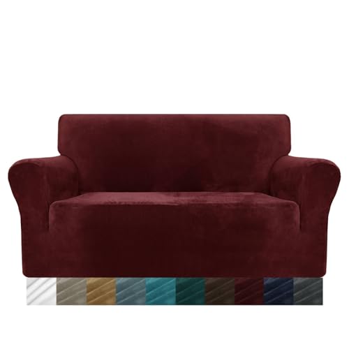 MAXIJIN Thick Velvet Sofabezüge 2-Sitzer Stretch rutschfeste Loveseat Bezüge für Wohnzimmer Hunde Pet Plüsch Love Seat Couch Schonbezüge Furniture Protector (2 Sitzer, Weinrot) von MAXIJIN