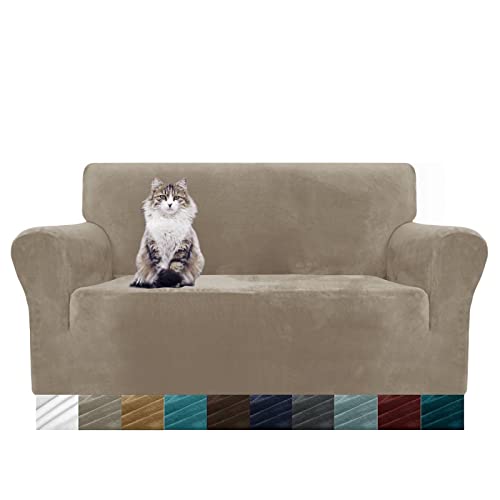 MAXIJIN Thick Velvet Sofabezüge 2-Sitzer Super Stretch rutschfeste Loveseat-Bezüge für Wohnzimmer Hunde Katze Haustier Plüsch Liebessitz Couch Schonbezüge Elastic Furniture Protector (2 Sitzer, Khaki) von MAXIJIN