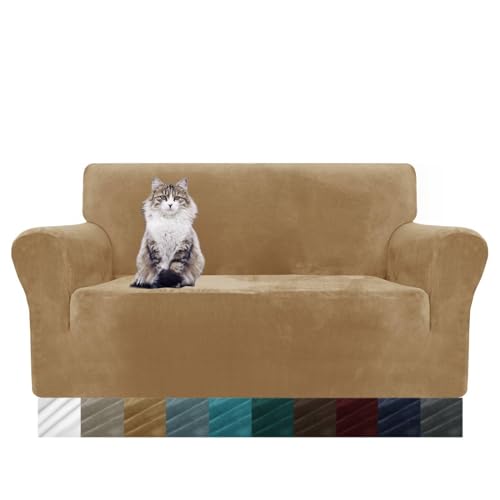 MAXIJIN Thick Velvet Sofabezüge 2-Sitzer Super Stretch rutschfeste Loveseat-Bezüge für Wohnzimmer Hunde Katze Haustier Plüsch Liebessitz Couch Schonbezüge Elastic Furniture Protector (2 Sitzer, Kamel) von MAXIJIN