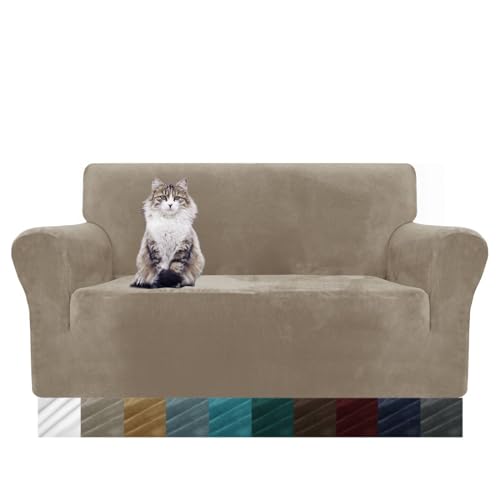 MAXIJIN Thick Velvet Sofabezüge 2-Sitzer Super Stretch rutschfeste Loveseat-Bezüge für Wohnzimmer Hunde Katze Haustier Plüsch Liebessitz Couch Schonbezüge Elastic Furniture Protector (2 Sitzer, Khaki) von MAXIJIN