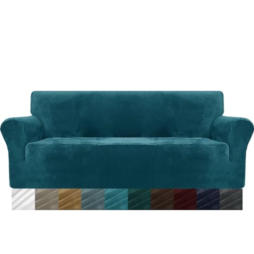 MAXIJIN Thick Velvet Sofabezüge 3-Sitzer Super Stretch rutschfeste Couchbezug für Hunde Katze Haustierfreundlich 1-teilige elastische Möbel Protector Plüsch Sofa Schonbezüge (3 Sitzer, Schwarzgrün) von MAXIJIN