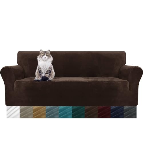 MAXIJIN Thick Velvet Sofabezüge 3-Sitzer Super Stretch rutschfeste Couchbezug für Hunde Katze Haustierfreundlich 1-teilige elastische Möbel Protector Plüsch Sofa Schonbezüge (3 Sitzer, Dunkler Kaffee) von MAXIJIN