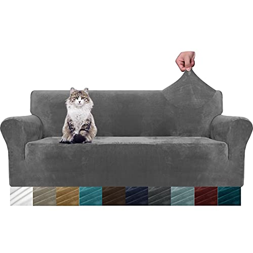 MAXIJIN Thick Velvet Sofabezüge 3-Sitzer Super Stretch rutschfeste Couchbezug für Hunde Katze Haustierfreundlich 1-teilige elastische Möbel Protector Plüsch Sofa Schonbezüge (3 Sitzer, Grau) von MAXIJIN