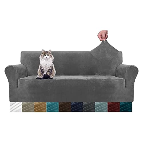 MAXIJIN Thick Velvet Sofabezüge 3-Sitzer Super Stretch rutschfeste Couchbezug für Hunde Katze Haustierfreundlich 1-teilige elastische Möbel Protector Plüsch Sofa Schonbezüge (3 Sitzer, Grau) von MAXIJIN