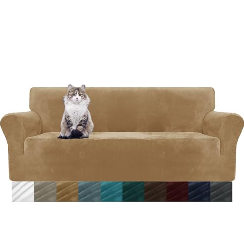 MAXIJIN Thick Velvet Sofabezüge 3-Sitzer Super Stretch rutschfeste Couchbezug für Hunde Katze Haustierfreundlich 1-teilige elastische Möbel Protector Plüsch Sofa Schonbezüge (3 Sitzer, Kamel) von MAXIJIN