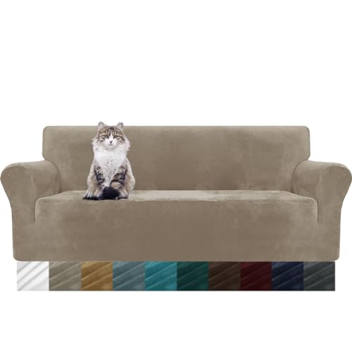 MAXIJIN Thick Velvet Sofabezüge 3-Sitzer Super Stretch rutschfeste Couchbezug für Hunde Katze Haustierfreundlich 1-teilige elastische Möbel Protector Plüsch Sofa Schonbezüge (3 Sitzer, Khaki) von MAXIJIN
