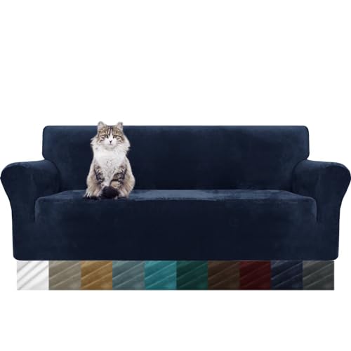MAXIJIN Thick Velvet Sofabezüge 3-Sitzer Super Stretch rutschfeste Couchbezug für Hunde Katze Haustierfreundlich 1-teilige elastische Möbel Protector Plüsch Sofa Schonbezüge (3 Sitzer, Navy Blau) von MAXIJIN