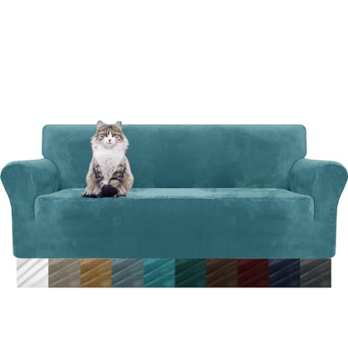 MAXIJIN Thick Velvet Sofabezüge 3-Sitzer Super Stretch rutschfeste Couchbezug für Hunde Katze Haustierfreundlich 1-teilige elastische Möbel Protector Plüsch Sofa Schonbezüge (3 Sitzer, Pfauen Blau) von MAXIJIN
