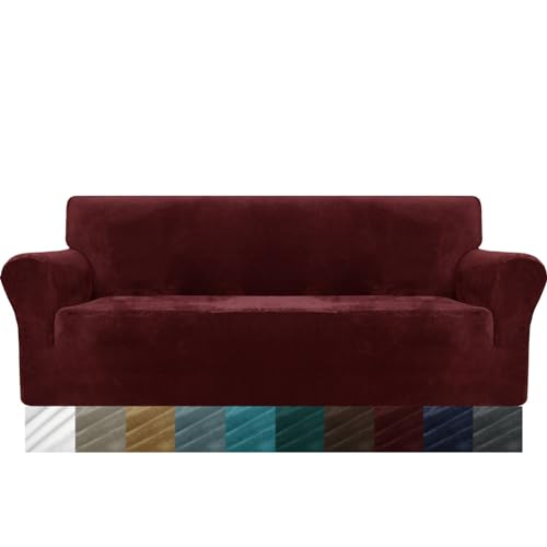 MAXIJIN Thick Velvet Sofabezüge 3-Sitzer Super Stretch rutschfeste Couchbezug für Hunde Katze Haustierfreundlich 1-teilige elastische Möbel Protector Plüsch Sofa Schonbezüge (3 Sitzer, Weinrot) von MAXIJIN