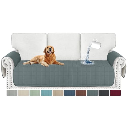 MAXIJIN Wasserdichter Couchbezug für Hunde, waschbar, gesteppte Sofasitzbezüge, waschbar, für 3 Kissen-Couch, rutschfest, haustierfreundlich, Möbelschutz mit Seitentaschen (Sofa, Dunkelgrau) von MAXIJIN