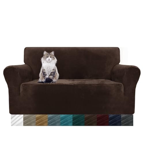 MAXIJIN Thick Velvet Sofabezüge 2-Sitzer Stretch rutschfeste Loveseat Bezüge für Wohnzimmer Hunde Pet Plüsch Love Seat Couch Schonbezüge Furniture Protector (2 Sitzer, Dunkler Kaffee) von MAXIJIN