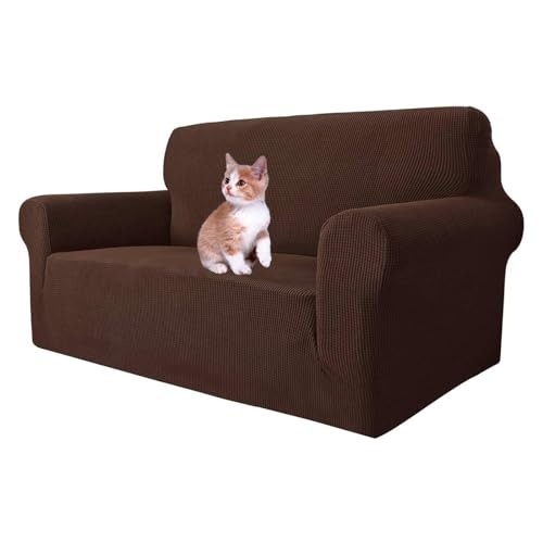 MAXIJIN Super Stretch Couch Bezug für 2-Sitzer Couch, 1-teilige Universal Love Sitzbezüge Jacquard Spandex Sofa Protector Hunde Haustierfreundliche Loveseat Schonbezug (2 Sitzer, Kaffee) von MAXIJIN