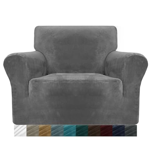 MAXIJIN Dicke Samt Stuhlbezüge für Sessel Stretch rutschfeste Sofabezug 1-Sitzer Hunde Katze Haustier Wohnzimmer 1-teiliger Couch Protector Stuhl Schonbezug (1 Sitzer, Grau) von MAXIJIN