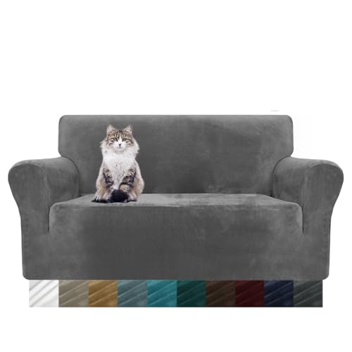 MAXIJIN Thick Velvet Sofabezüge 2-Sitzer Super Stretch rutschfeste Loveseat-Bezüge für Wohnzimmer Hunde Katze Haustier Plüsch Liebessitz Couch Schonbezüge Elastic Furniture Protector (2 Sitzer, Grau) von MAXIJIN