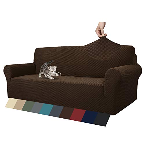 MAXIJIN Jacquard Sofabezug 3 Sitzer 1 Stück Couch Bezug rutschfest Schonbezug Sofa für Wohnzimmer Stretch-bezüge für Hunde Haustiere mit Anti-Rutsch-Schäume (3 Sitzer, Dunkler Kaffee) von MAXIJIN