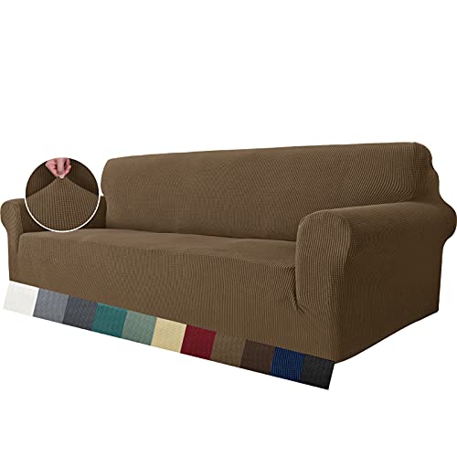 MAXIJIN Super Stretch Couch Bezug für 4-Sitzer Couch, extra große universelle Sofabezüge Jacquard Spandex Pet Dog Möbel Protector Fitted Couch Schonbezug (4 Sitzer, Braun) von MAXIJIN