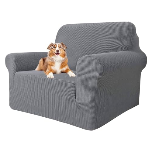 MAXIJIN Super Stretch Stuhlbezüge für Wohnzimmer, 1-teiliger Universal Stuhlbezug mit Armlehnen Jacquard Spandex Stuhlschutz Hunde Haustierfreundliche Sofa Couch Sesselbezug (1 Sitzer, Hellgrau) von MAXIJIN