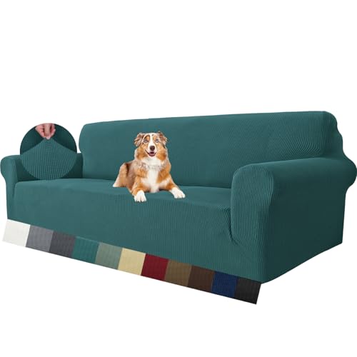 MAXIJIN Super Stretch Couch Bezug für 4-Sitzer Couch, extra große universelle Sofabezüge Jacquard Spandex Pet Dog Möbel Protector Fitted Couch Schonbezug (4 Sitzer, Schwarzgrün) von MAXIJIN