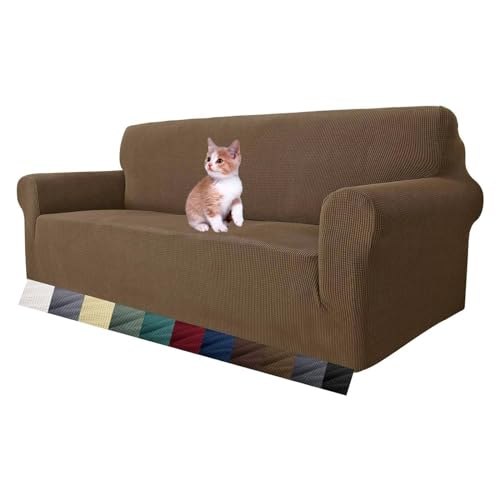 MAXIJIN Super Stretch Couch Bezug für 3-Sitzer Couch, 1-teilige Universal-Sofabezüge Wohnzimmer Jacquard Spandex Möbelschutz Hunde Haustierfreundliche Couch Schonbezug (3 Sitzer, Braun) von MAXIJIN