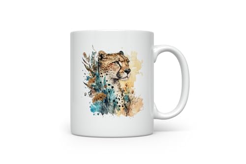 MAXIKIWI Glatte, langlebige Keramik-Kaffee- oder Teetasse für Zuhause oder Büro, perfekt für jeden Anlass, Geparden-Aquarell, 300 ml von MAXIKIWI