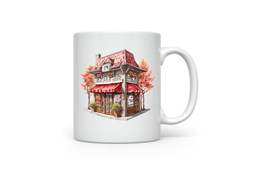 MAXIKIWI Glatte, langlebige Keramik-Kaffee- oder Teetasse für Zuhause oder Büro, perfekt für jeden Anlass, Vintage-Häuser, 300 ml von MAXIKIWI