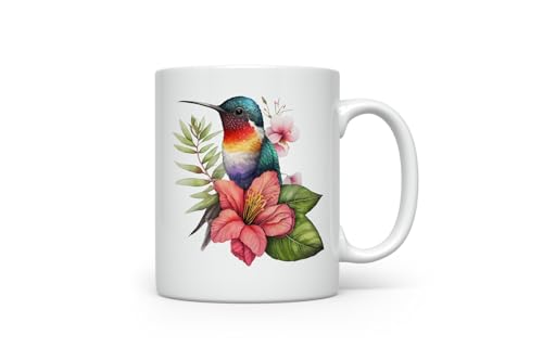 MAXIKIWI - Glatte, langlebige Keramik-Kaffee- oder Teetasse für Zuhause oder Büro – perfekt für jeden Anlass – niedlicher Kolibri mit tropischen Blumen – 350 ml von MAXIKIWI