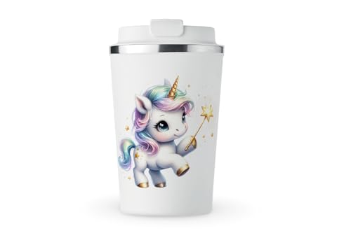 MAXIKIWI Isolierter doppelwandiger, auslaufsicherer Edelstahlbecher, Kaffee- oder Tee-Reisebecher mit Deckel, hält Getränke heiß und kalt, Aquarell-Einhorn-Design, 3-350 ml von MAXIKIWI