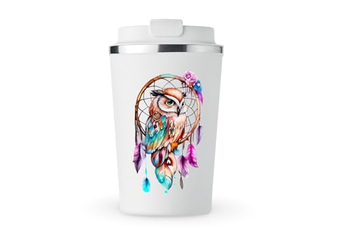 MAXIKIWI Isolierter doppelwandiger, auslaufsicherer Edelstahlbecher, Kaffee- oder Tee-Reisebecher mit Deckel, hält Getränke heiß und kalt, Aquarell-Eule mit Traumfänger, 350 ml MAXIKIWI Isolierter doppelwandiger, auslaufsicherer Edelstahlbecher, Kaffee- oder Tee-Reisebecher mit Deckel, hält Getränke heiß und kalt, Aquarell-Eule mit Traumfänger, 350 ml von MAXIKIWI