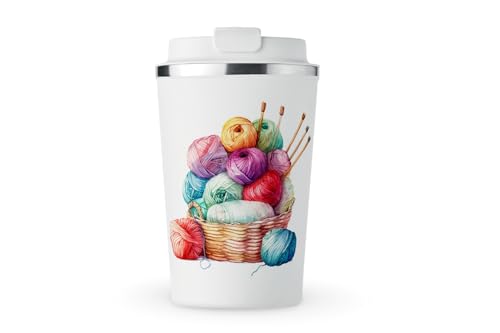 MAXIKIWI Isolierter doppelwandiger, auslaufsicherer Edelstahlbecher, Kaffee- oder Tee-Reisebecher mit Deckel, hält Getränke heiß und kalt, Häkeln, Stricken, Aquarell, 350 ml von MAXIKIWI