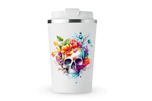 MAXIKIWI Isolierter doppelwandiger, auslaufsicherer Edelstahlbecher, Kaffee- oder Tee-Reisebecher mit Deckel, hält Getränke heiß und kalt, floraler Totenkopf-Aquarell, 350 ml von MAXIKIWI