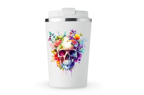 MAXIKIWI Isolierter doppelwandiger, auslaufsicherer Edelstahlbecher, Kaffee- oder Tee-Reisebecher mit Deckel, hält Getränke heiß und kalt, floraler Totenkopf-Aquarell, 350 ml MAXIKIWI Isolierter doppelwandiger, auslaufsicherer Edelstahlbecher, Kaffee- oder Tee-Reisebecher mit Deckel, hält Getränke heiß und kalt, floraler Totenkopf-Aquarell, 350 ml von MAXIKIWI