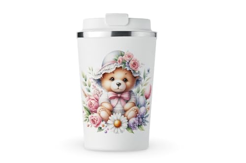 MAXIKIWI Isolierter doppelwandiger, auslaufsicherer Edelstahlbecher, Kaffee- oder Tee-Reisebecher mit Deckel, hält Getränke heiß und kalt, niedliches Teddybär-Design, 4–350 ml von MAXIKIWI