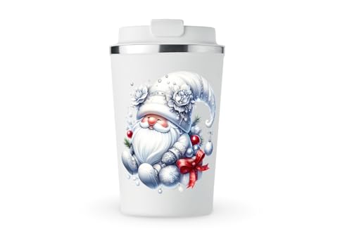 MAXIKIWI Isolierter doppelwandiger, auslaufsicherer Edelstahlbecher, Kaffee- oder Tee-Reisebecher mit Deckel, hält Getränke heiß und kalt, silberfarbene Weihnachtswichtel, 350 ml von MAXIKIWI
