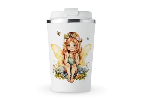 MAXIKIWI Isolierter doppelwandiger, auslaufsicherer Edelstahlbecher, Kaffee- oder Tee-Reisebecher mit Deckel, hält Getränke heiß und kalt, süßes Feenmädchen-Aquarell, 350 ml von MAXIKIWI