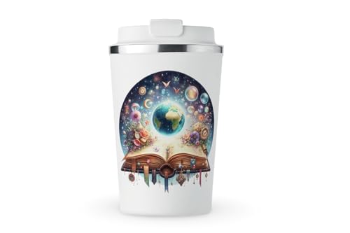 MAXIKIWI Isolierter doppelwandiger, auslaufsicherer Edelstahlbecher, Kaffee- oder Tee-Reisebecher mit Deckel, hält Getränke heiß und kalt – Fantasy-Bücher magisches Thema, 2–350 ml von MAXIKIWI