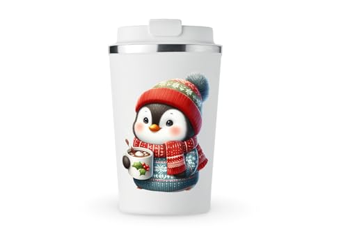 MAXIKIWI Isolierter doppelwandiger, auslaufsicherer Edelstahlbecher, Kaffee- oder Tee-Reisebecher mit Deckel, hält Getränke heiß und kalt – niedlicher Pinguin Weihnachten – 350 ml von MAXIKIWI