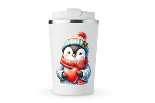 MAXIKIWI Isolierter doppelwandiger, auslaufsicherer Edelstahlbecher, Kaffee- oder Tee-Reisebecher mit Deckel, hält Getränke heiß und kalt – niedlicher Pinguin Weihnachten – 350 ml von MAXIKIWI