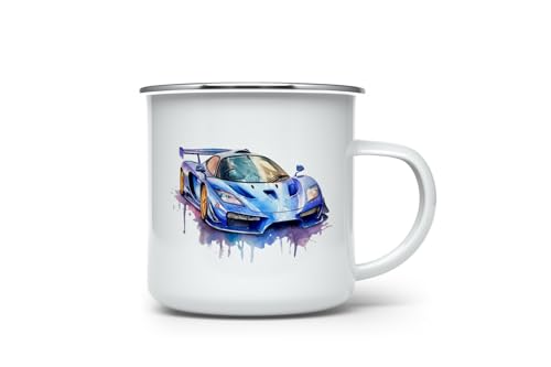 MAXIKIWI Langlebige Emaille-Kaffee- oder Tee-Camping-Tasse für drinnen und draußen, Aquarell-Supercars, 350 ml von MAXIKIWI