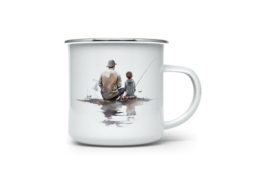 MAXIKIWI Langlebige Emaille-Kaffee- oder Tee-Camping-Tasse für drinnen und draußen, Aquarell zum Angeln von Vater und Sohn, 350 ml von MAXIKIWI