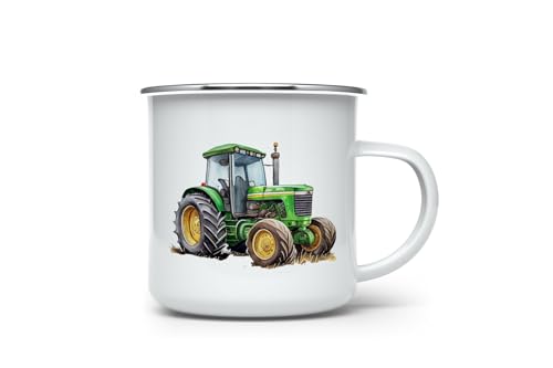 MAXIKIWI Langlebige Emaille-Kaffee- oder Tee-Camping-Tasse für drinnen und draußen, Bauernhof-Traktor-Aquarell, 350 ml von MAXIKIWI