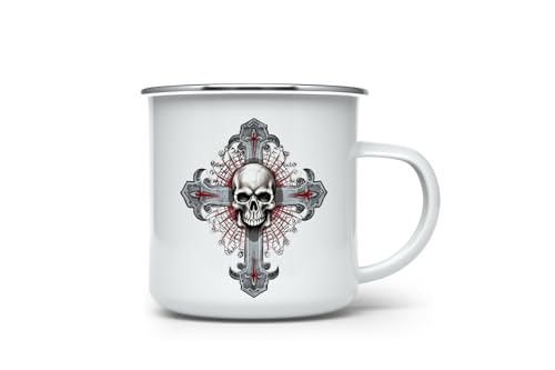 MAXIKIWI Langlebige Emaille-Kaffee- oder Tee-Camping-Tasse für drinnen und draußen, Gothic-Totenkopf-Kreuz, 350 ml von MAXIKIWI