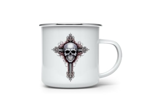 MAXIKIWI Langlebige Emaille-Kaffee- oder Tee-Camping-Tasse für drinnen und draußen, Gothic-Totenkopf-Kreuz, 350 ml von MAXIKIWI